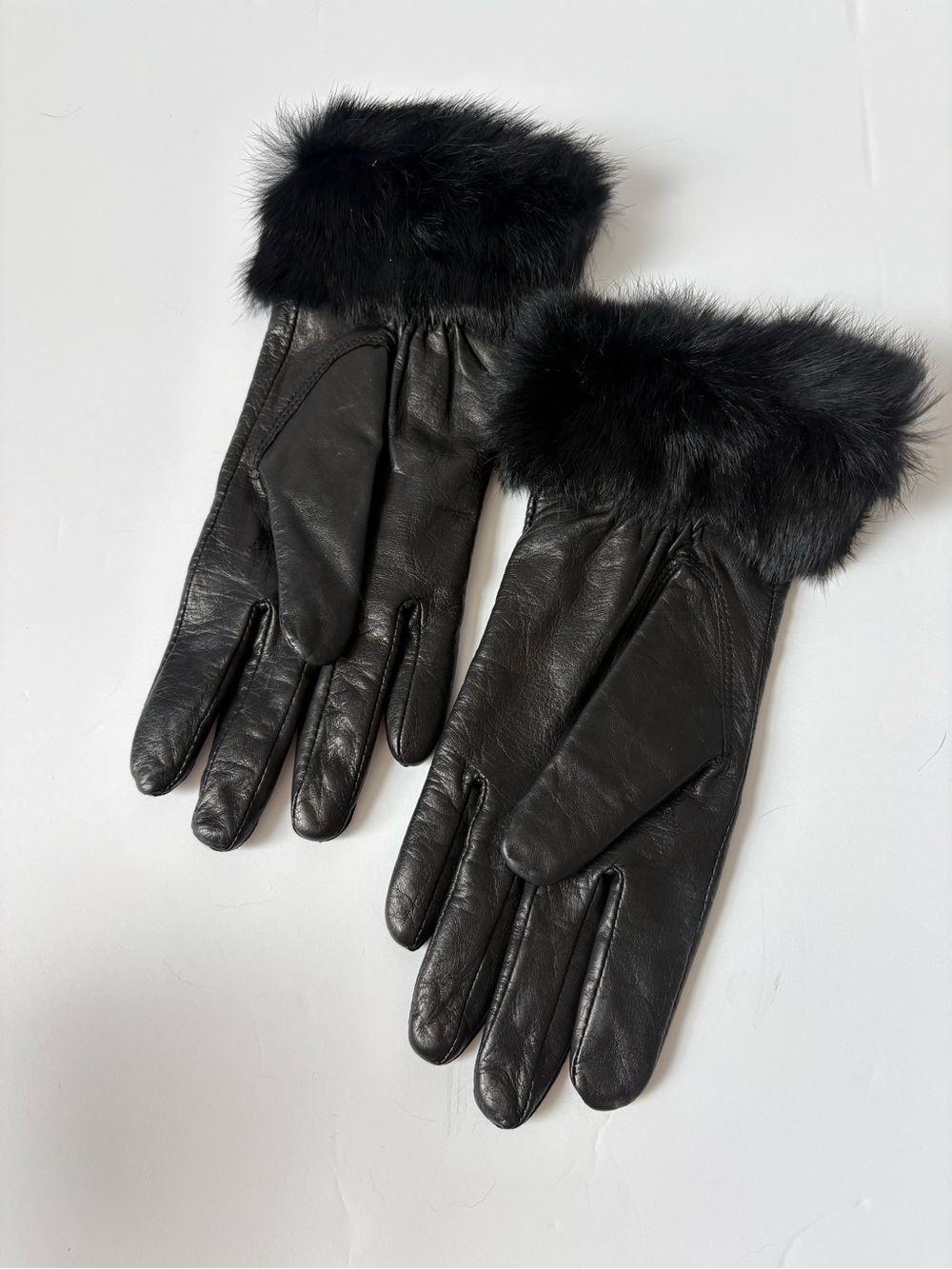 Black Genuine Leather Rabbit Fur Cuff Gloves Size M